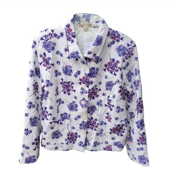 EUC APPLESEED'S WOVEN LINED WHITE JACKET WITH PURPLE HYDRANGEA PRINT WOMEN'S 12 - Picture 1 of 6
